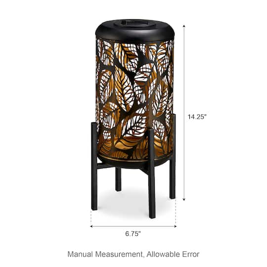 Glitzhome® 14.25" Black Metal Cutout Leaves Pattern Solar Powered LED Outdoor Lantern, 2ct.